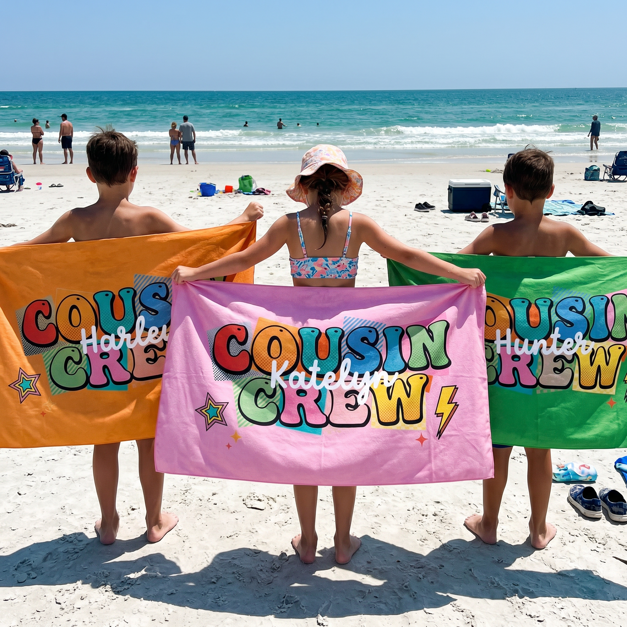 Cousin Crew Remix personalised beach towel with custom names - The Custom Co