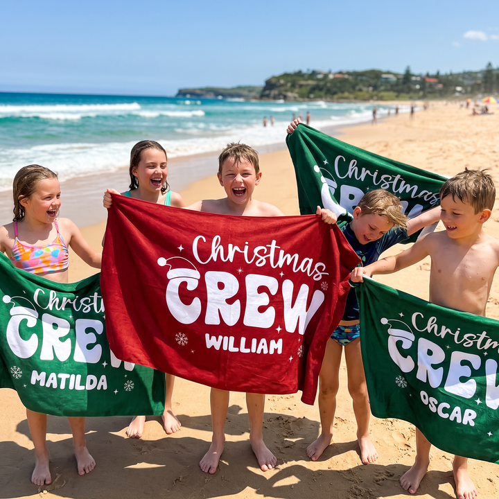 Retro Christmas Crew Personalized Beach Towel