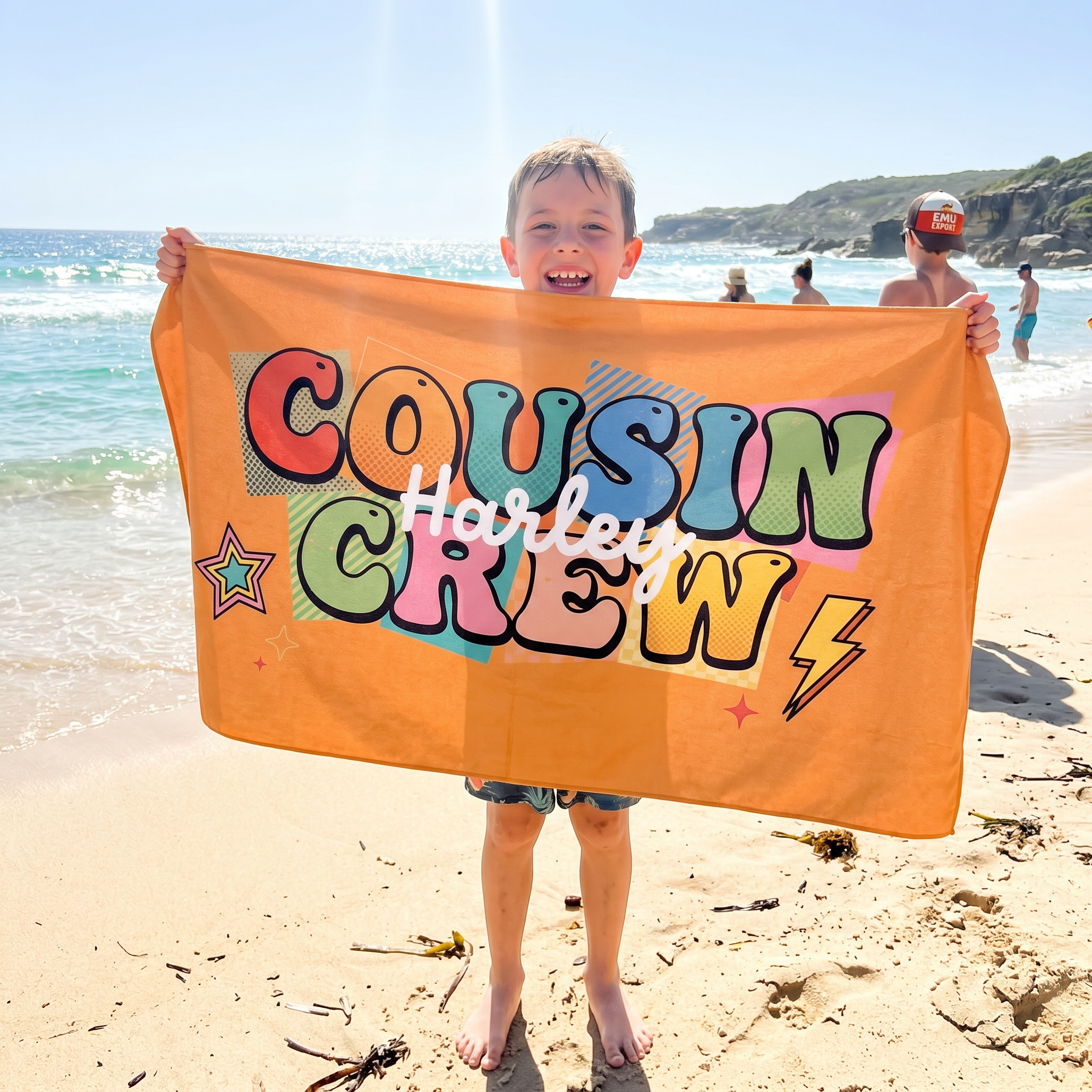 Personalised Cousin Crew Remix beach towel name print detail