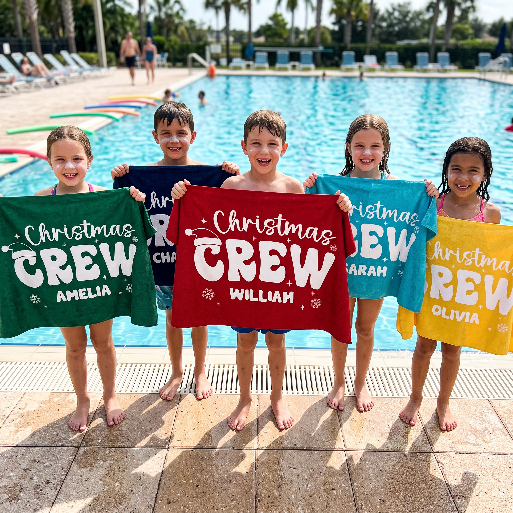 Retro Christmas Crew beach towel personalized with each name, Christmas gift