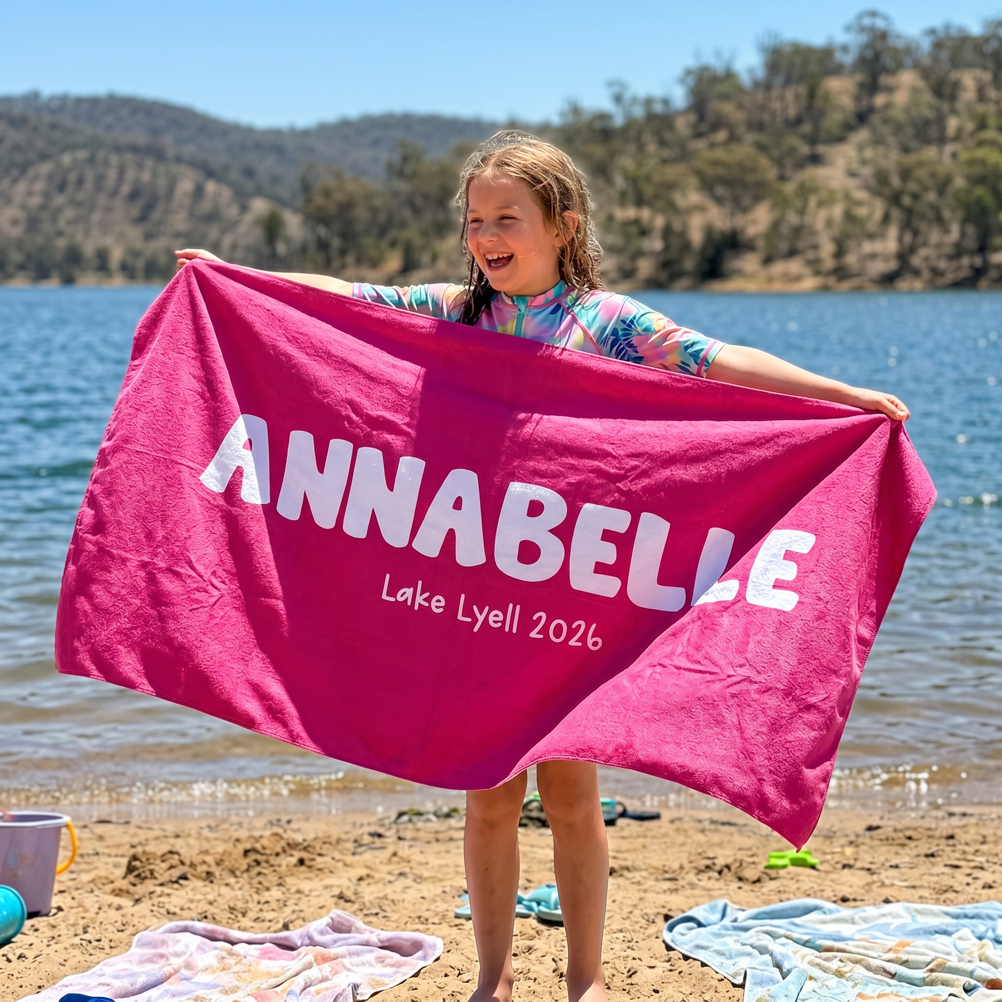 Holiday Memories beach towel in quick-dry sand-free microfibre, made for family holidays - The Custom Co