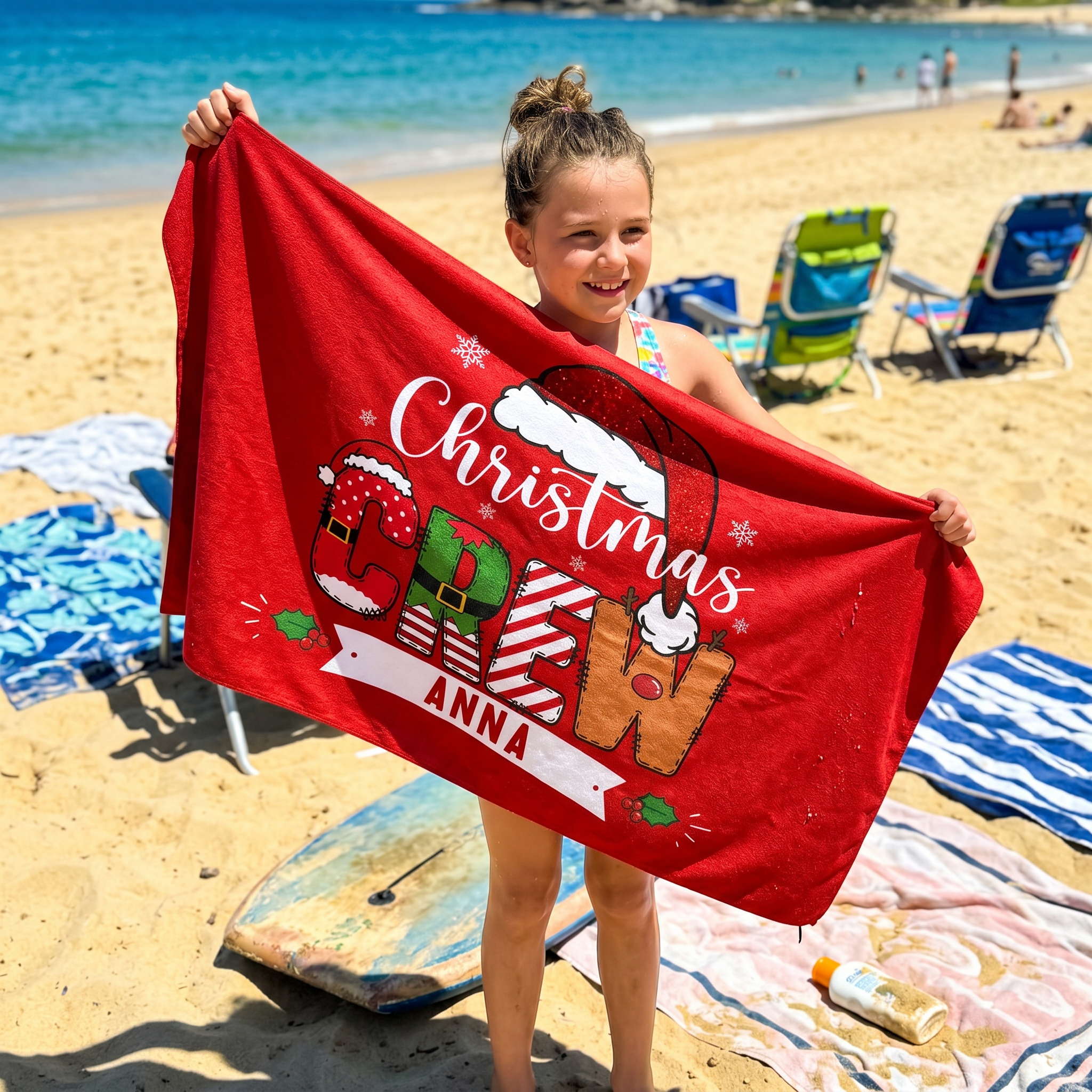 Name-printed Christmas Crew beach towel design detail