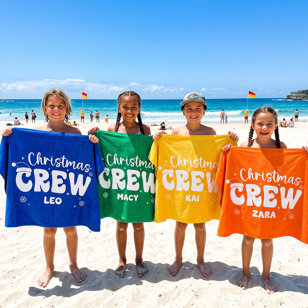 Retro Christmas Crew Personalized Beach Towel