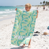 Personalised Sunburst Tie Dye beach towel name print detail