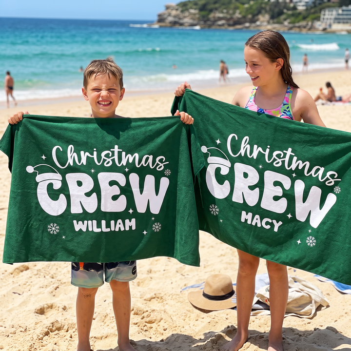 Retro Christmas Crew Personalized Beach Towel
