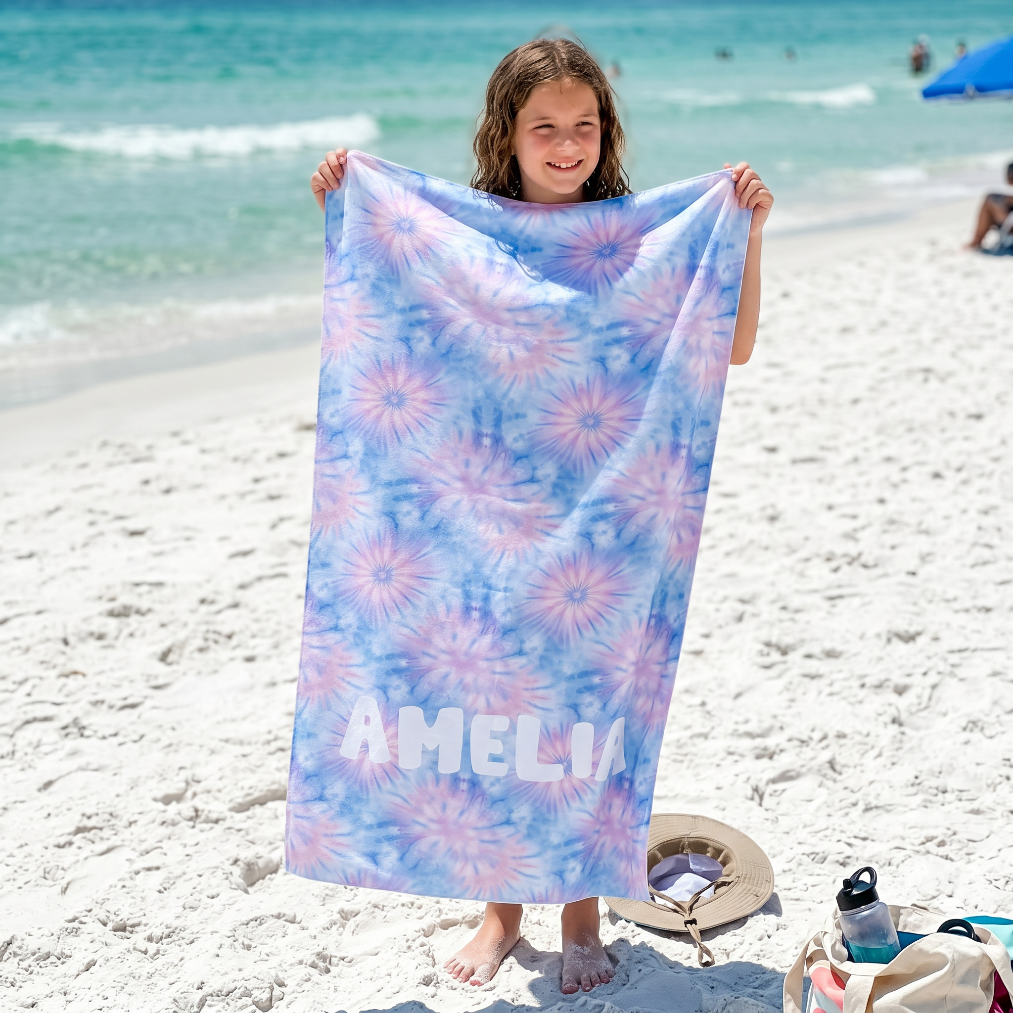 Sunburst Tie Dye personalised beach towel for beach and pool days - The Custom Co