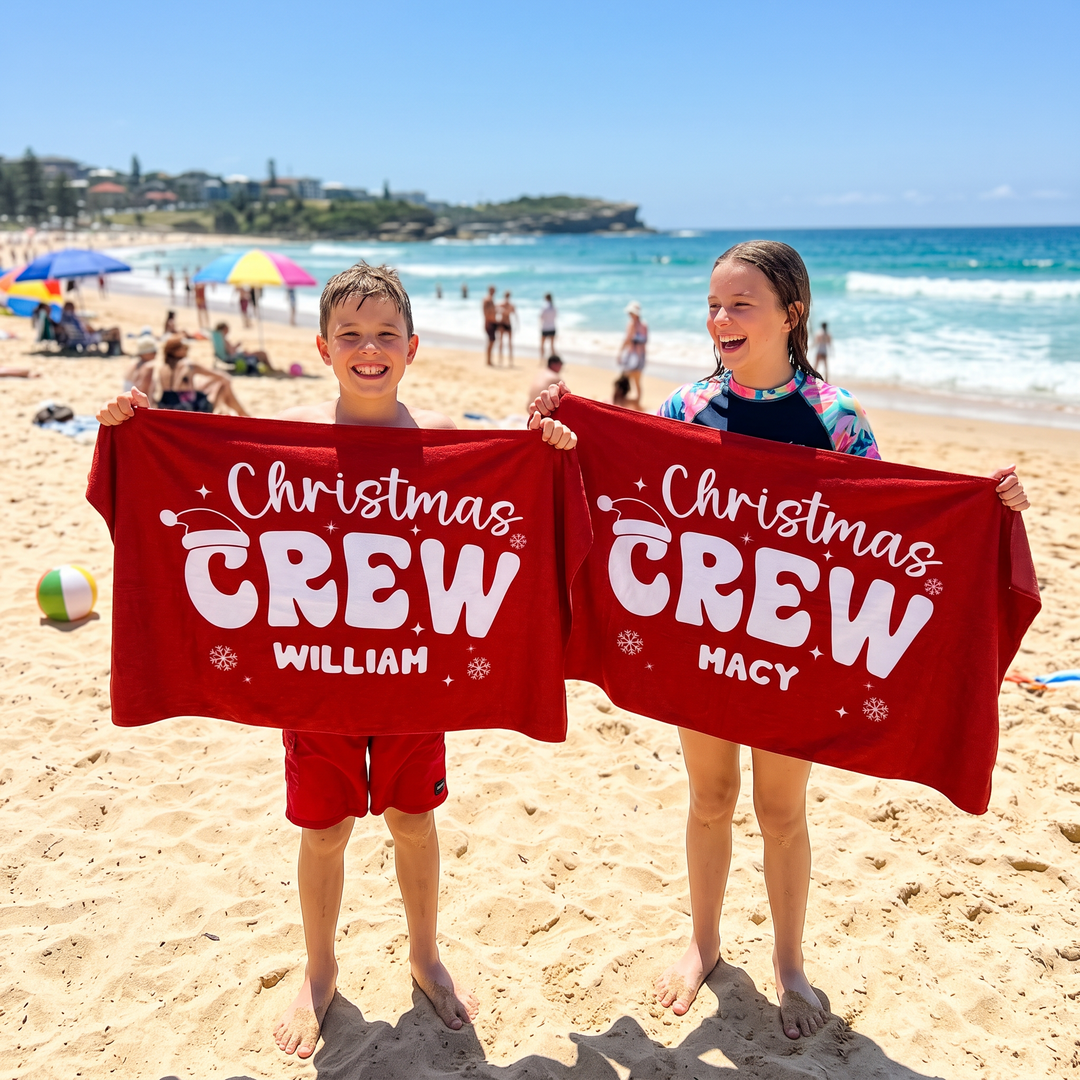 Retro Christmas Crew Personalized Beach Towel