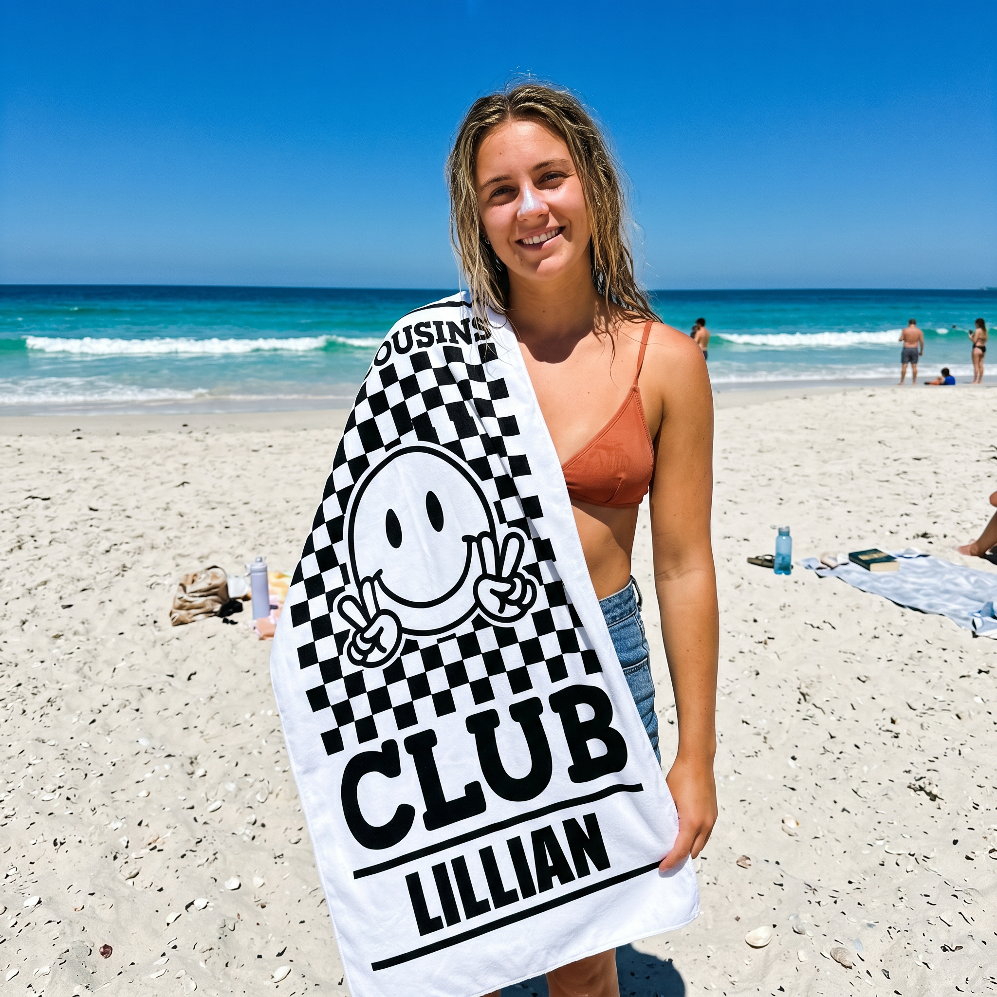 Retro Smiley Checkerboard beach towel personalised with each name, birthday gift