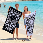 Retro Smiley Checkerboard beach towel in quick-dry sand-free microfibre, made for beach and pool days - The Custom Co