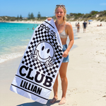 Personalised Retro Smiley Checkerboard beach towel name print detail