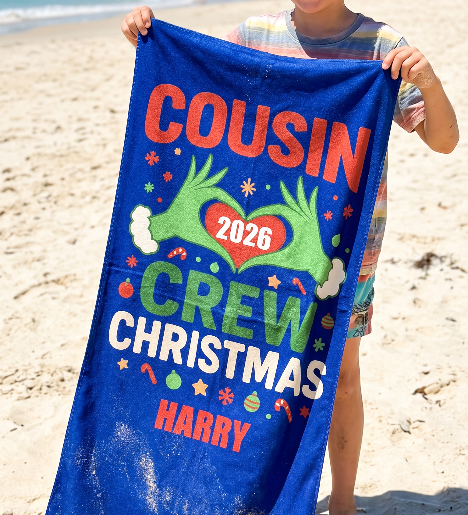 Matching Merry Mischief Cousin Crew beach towel for the cousins - The Custom Co