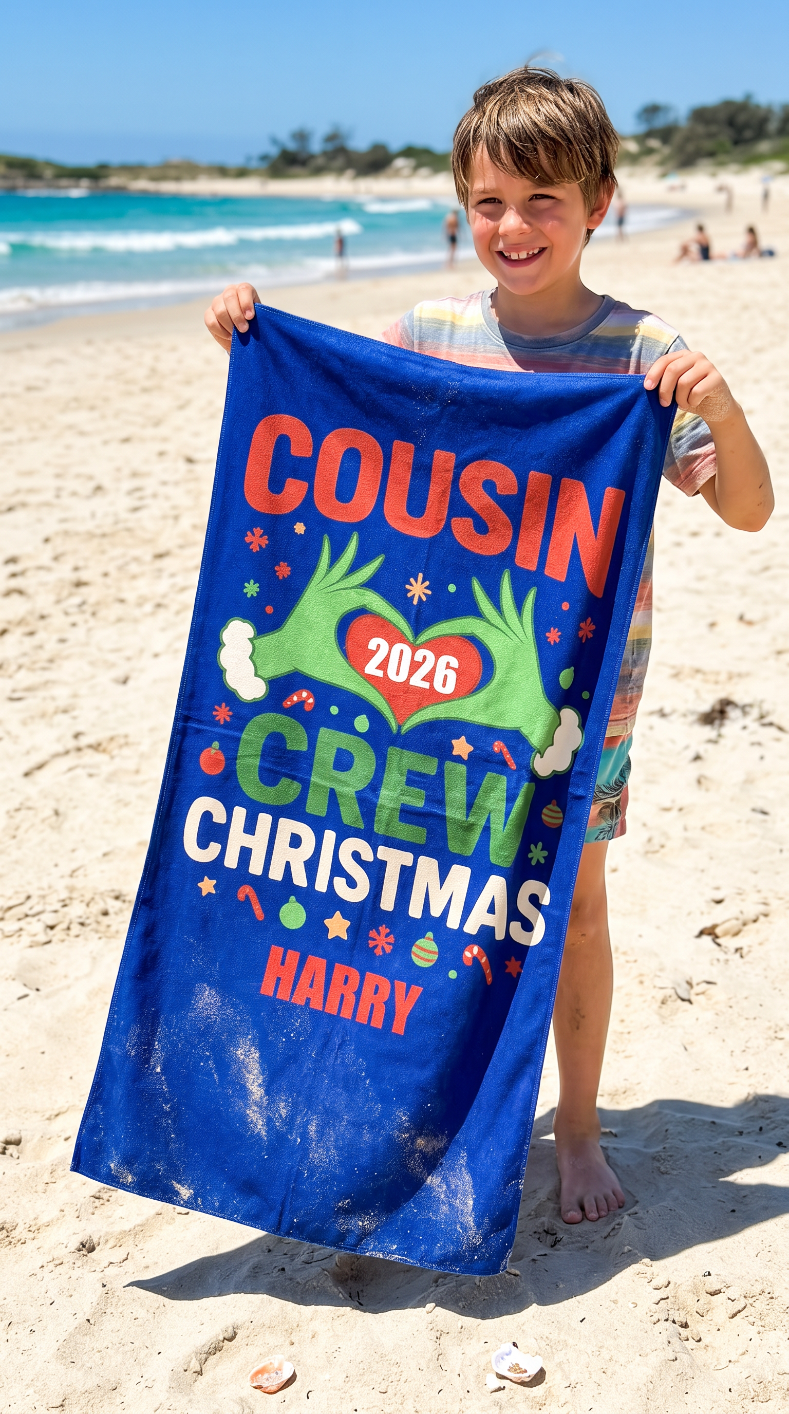 Matching Merry Mischief Cousin Crew beach towel for the cousins - The Custom Co