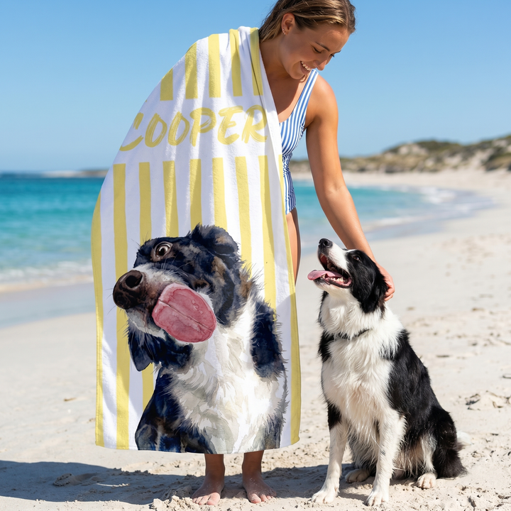 Personalised Pet Beach Towel — Custom Dog Portrait &amp; Name | Microfibre Quick-Dry