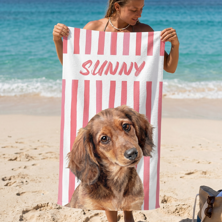 Personalised Pet Beach Towel — Custom Dog Portrait &amp; Name | Microfibre Quick-Dry