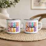 Cousin Crew enamel mug personalised with each name, Christmas gift