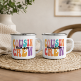 Cousin Crew enamel mug personalised with each name, Christmas gift