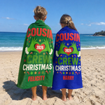 Personalised Merry Mischief Cousin Crew beach towel name print detail