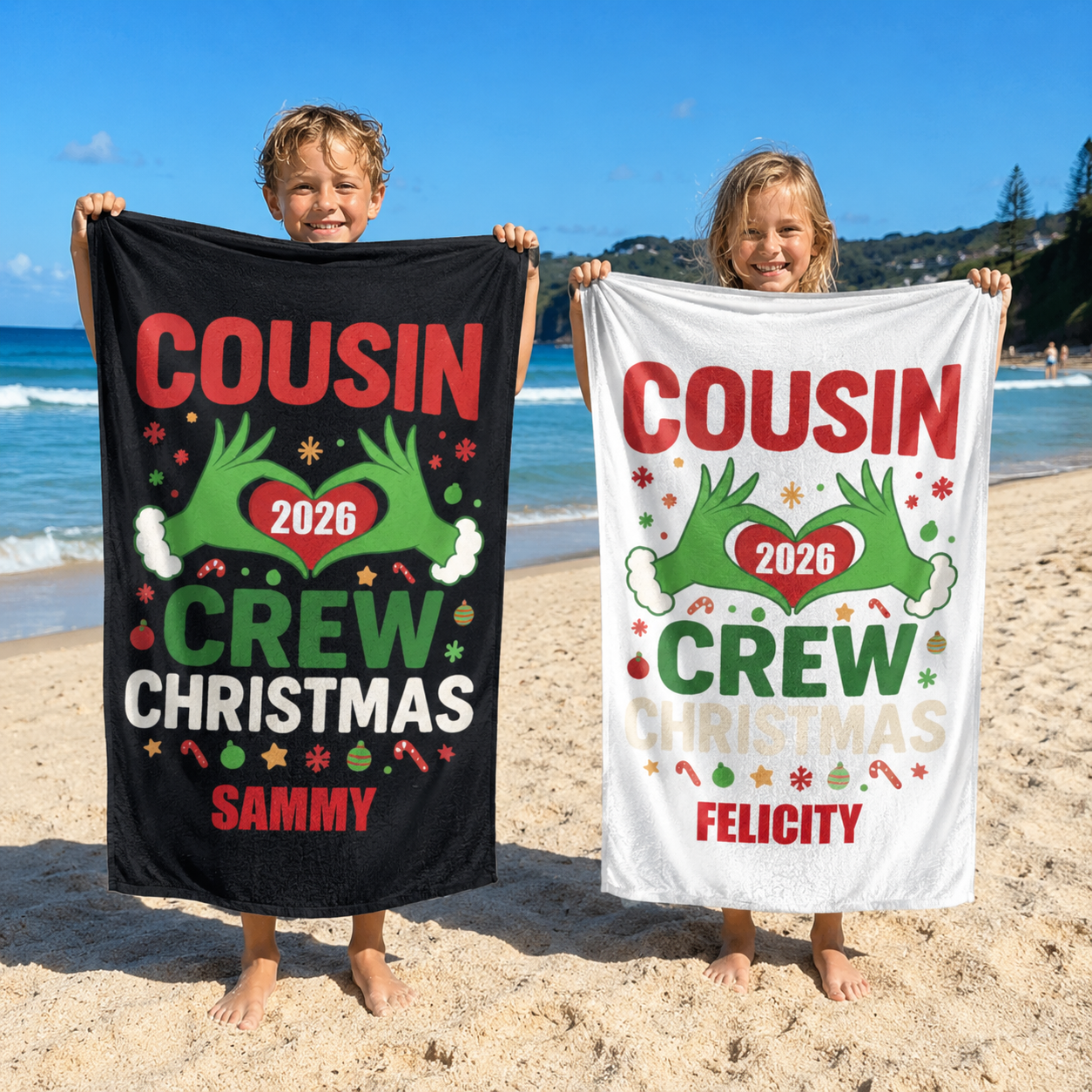 Merry Mischief Cousin Crew beach towel personalised with each name, Christmas gift