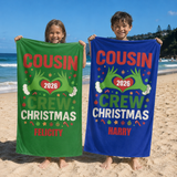 Merry Mischief Cousin Crew personalised beach towel with custom names - The Custom Co