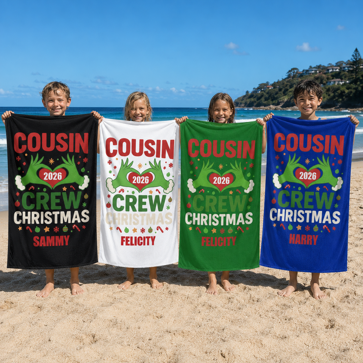 Merry Mischief Cousin Crew beach towel in lightweight quick-dry microfibre, made for poolside holiday swims - The Custom Co