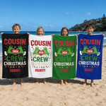 Merry Mischief Cousin Crew beach towel in lightweight quick-dry microfibre, made for poolside holiday swims - The Custom Co