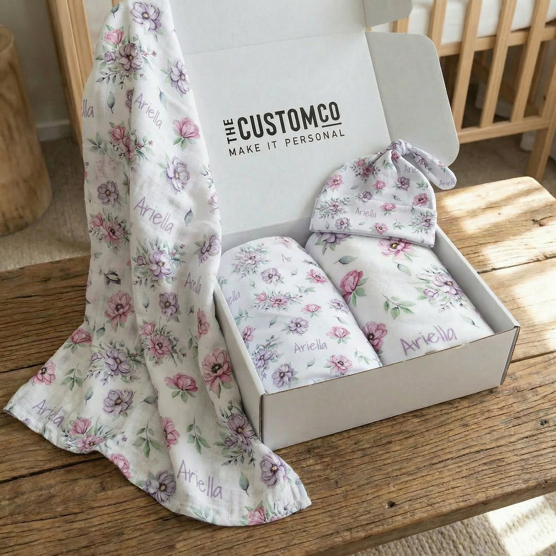 Personalised Baby Box swaddle and blanket bundle with baby’s name, soft minky blanket, muslin and jersey swaddles for newborns