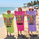 Personalised Tropical Cousin Crew 2026 beach towel name print detail
