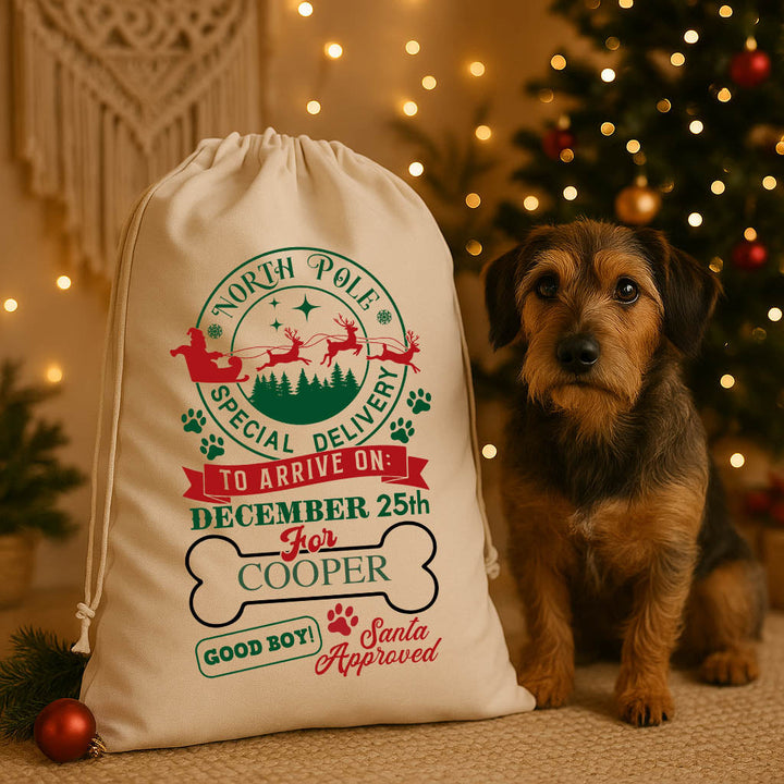 Personalised Dog Christmas Santa Sack with custom name