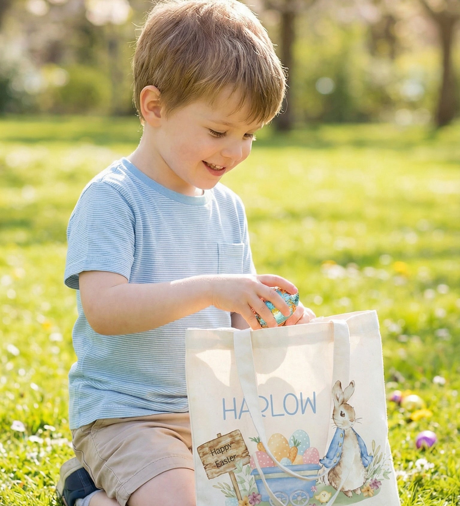 Personalised Easter tote bag with name and festive design, sturdy canvas, perfect for egg hunts and gifts