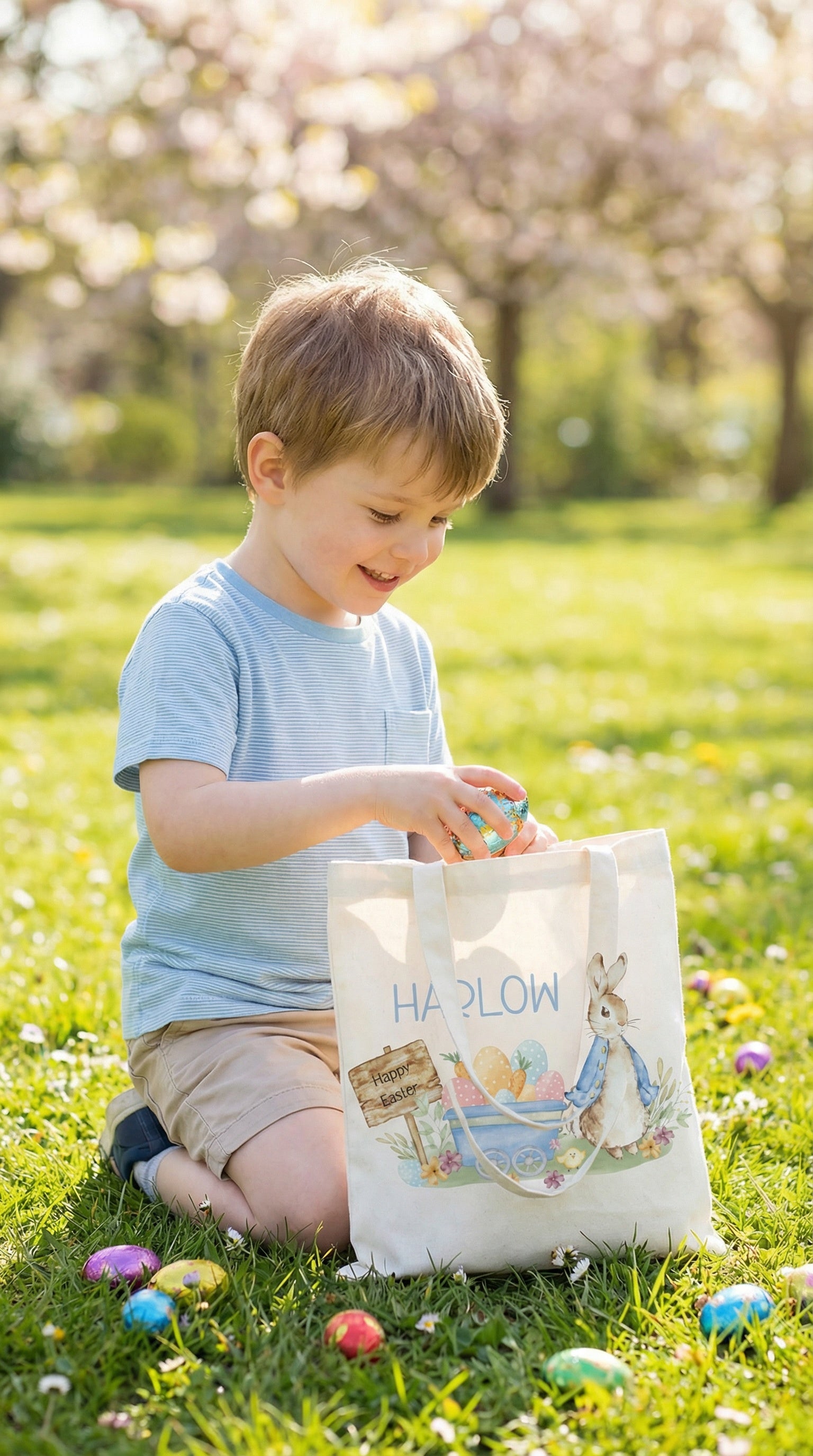 Personalised Easter tote bag with name and festive design, sturdy canvas, perfect for egg hunts and gifts