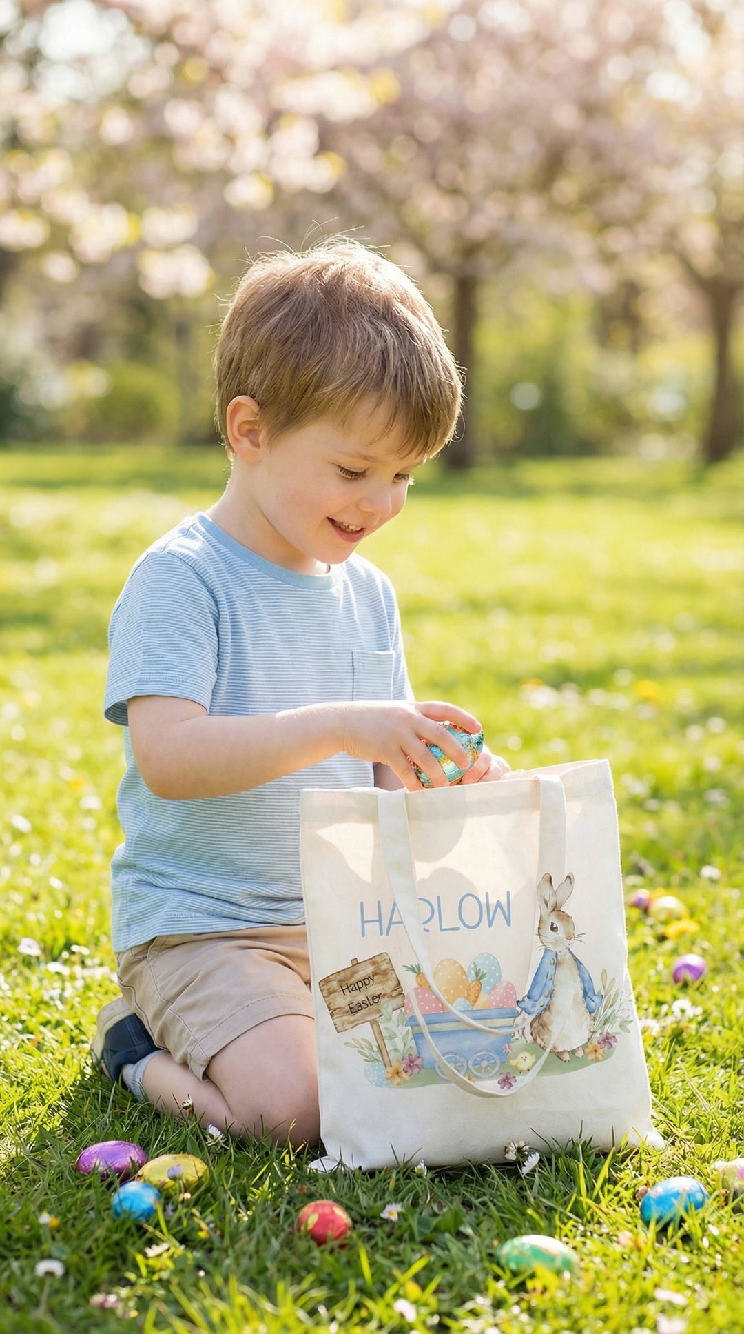Personalised Easter tote bag with name and festive design, sturdy canvas, perfect for egg hunts and gifts