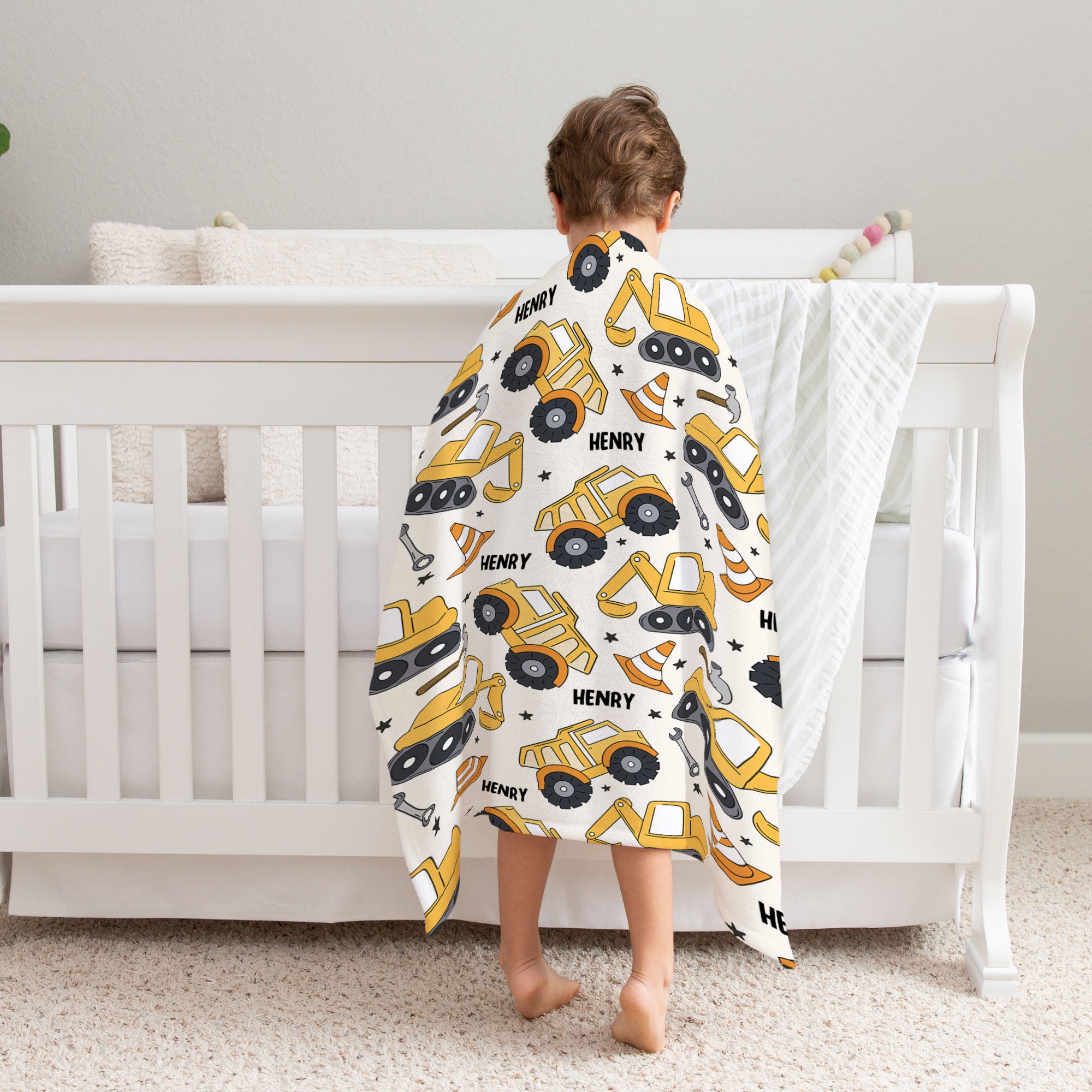Construction kids blanket personalised with a name
