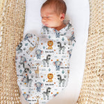 Personalised muslin swaddle wrap with baby name, soft breathable fabric, 120x120cm size for newborns and babies