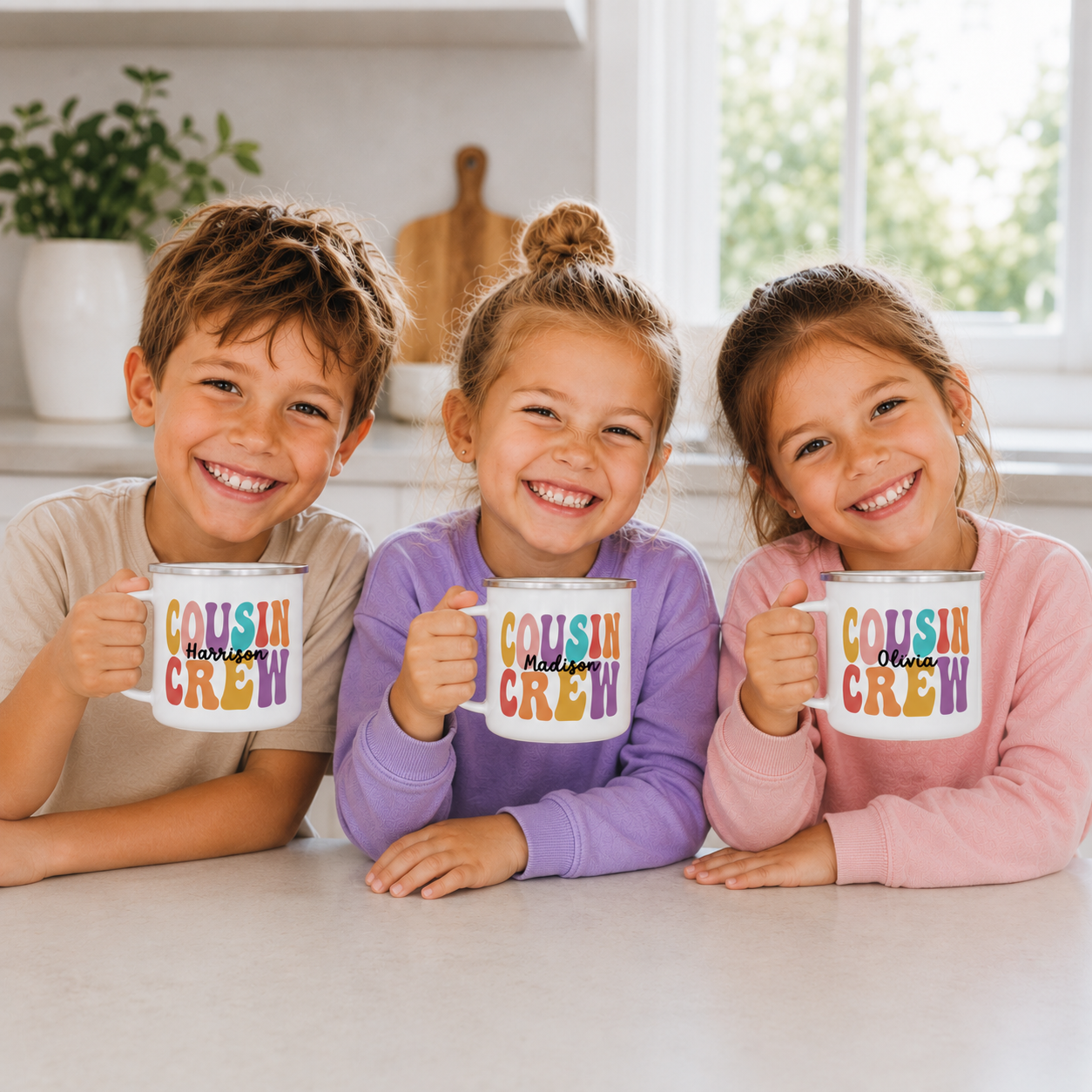 Personalised Cousin Crew enamel mug name print detail