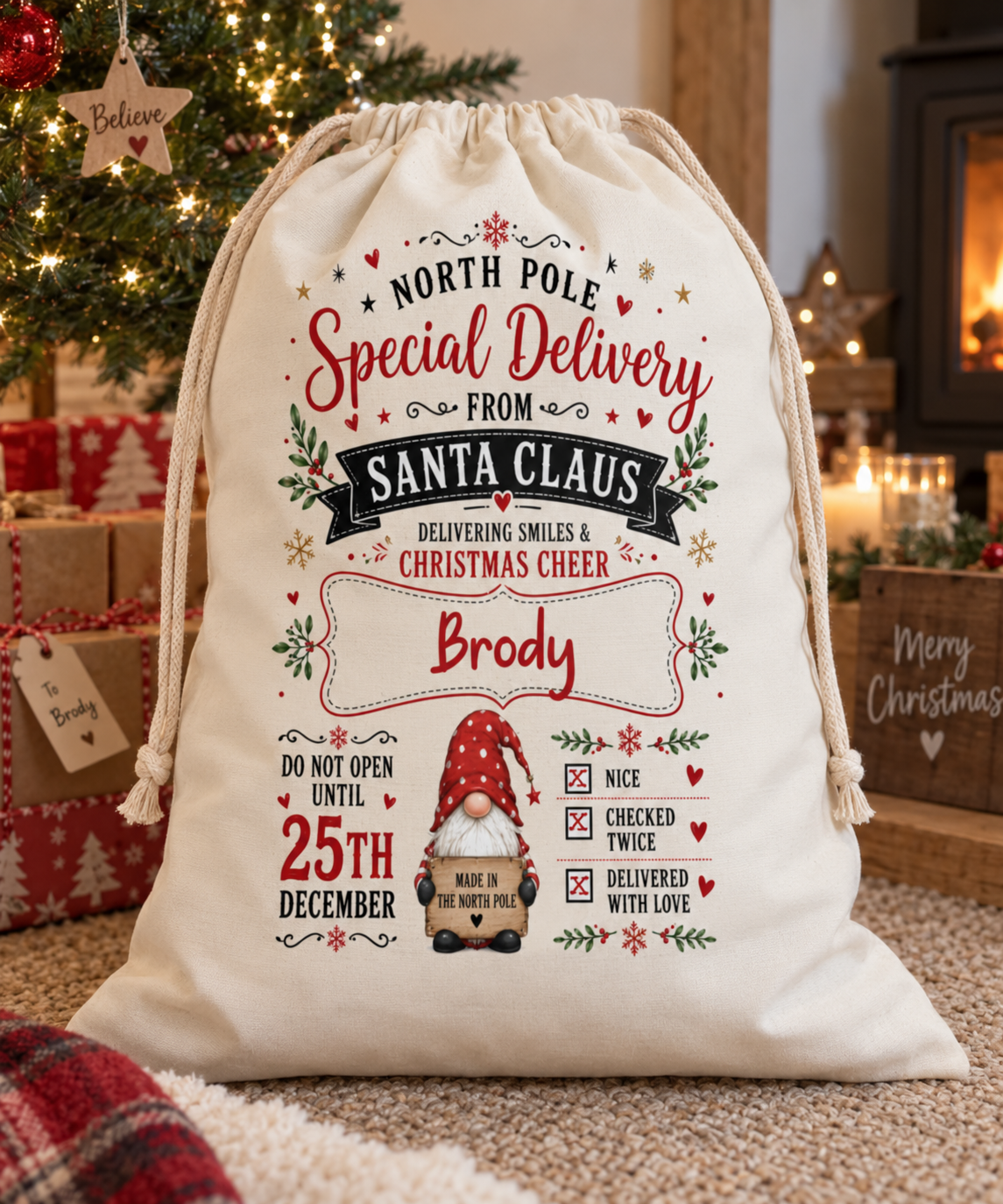 Personalised North Pole gnome Christmas sack, one for every child in the family - The Custom Co