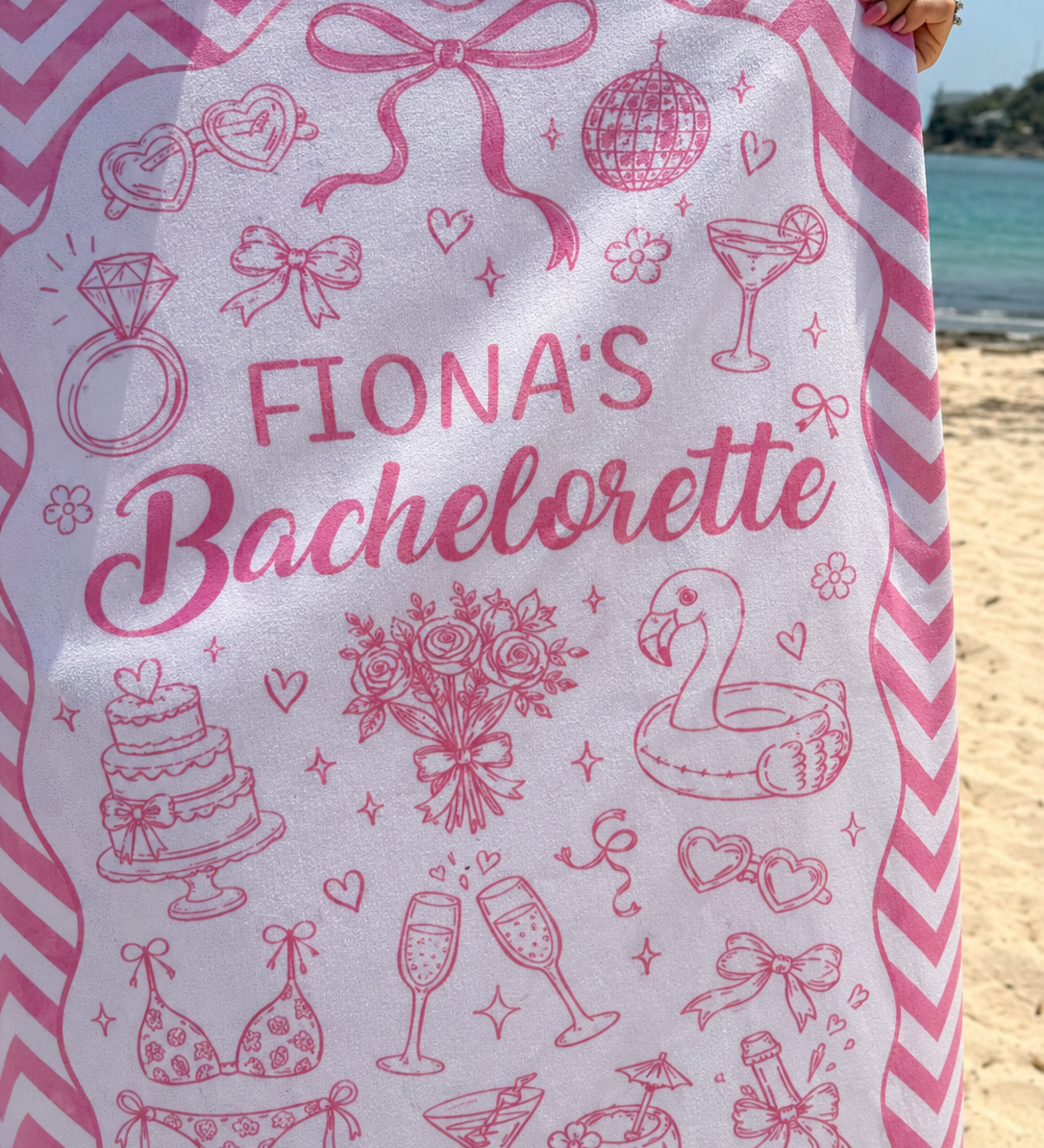 Bachelorette Party personalised beach towel with custom names - The Custom Co