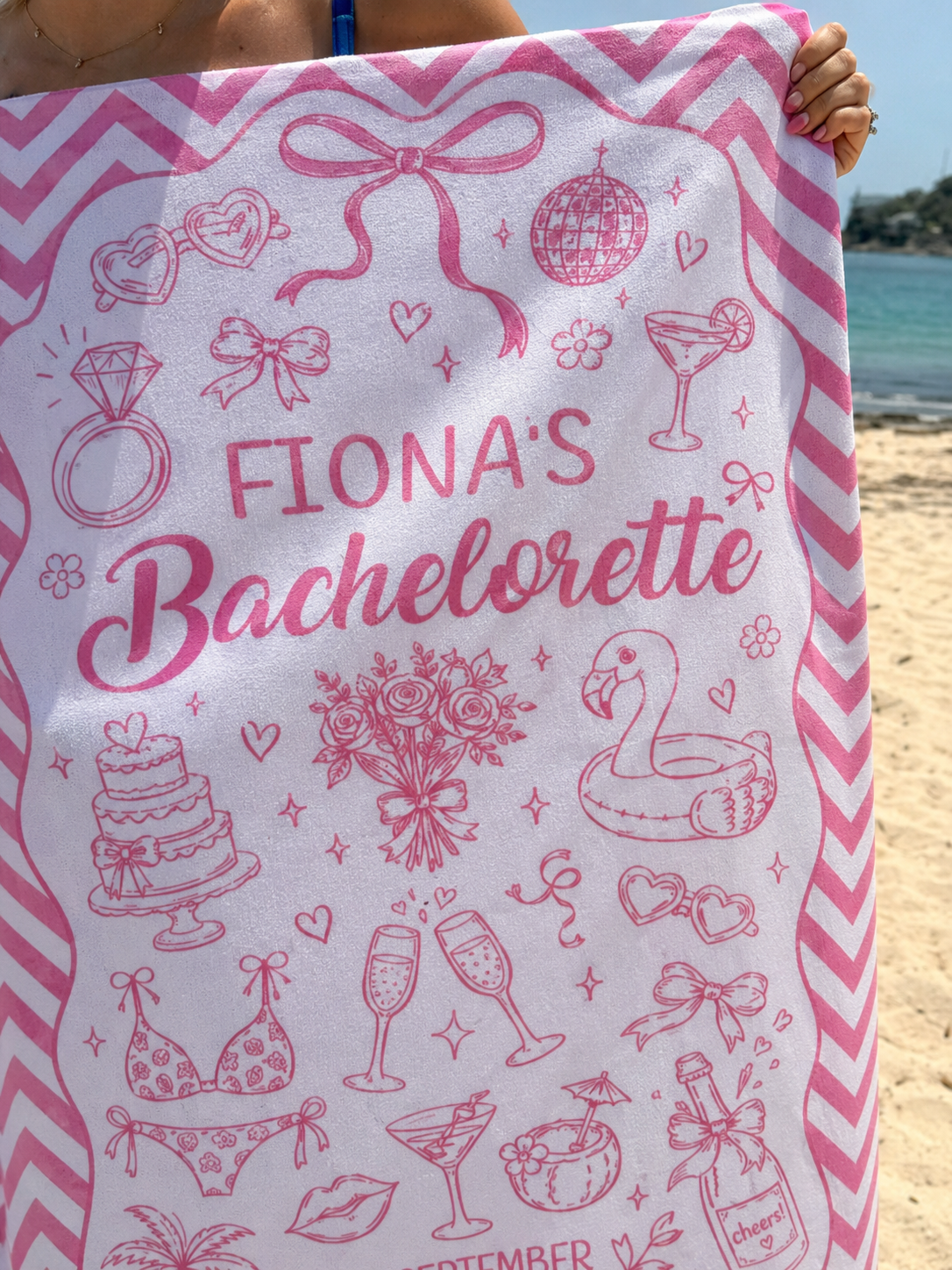 Bachelorette Party personalised beach towel with custom names - The Custom Co