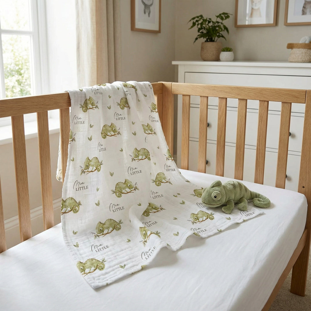 Personalised custom muslin swaddle wrap with baby name, soft breathable fabric, 120x120cm size for newborn comfort and gifts