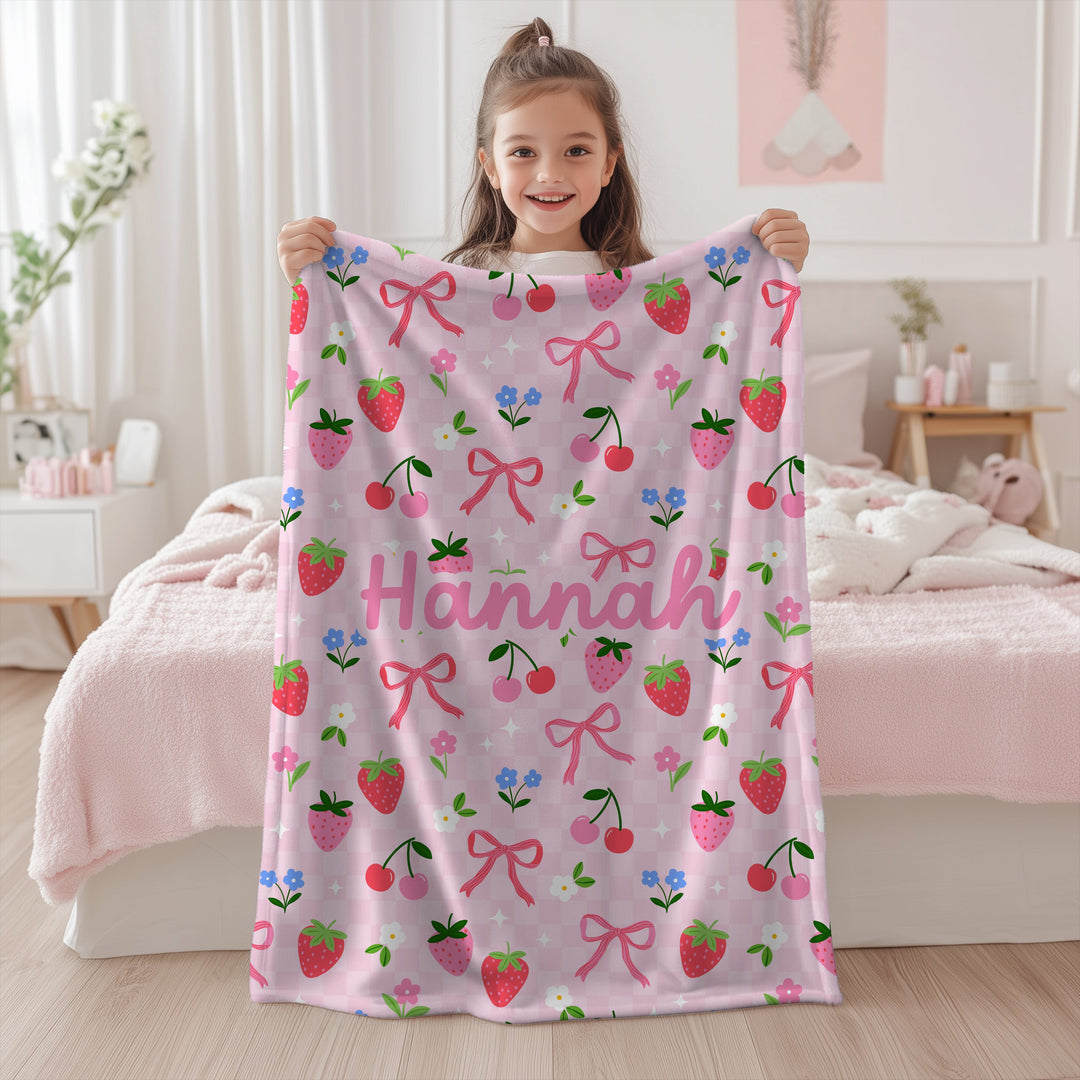 Personalised Strawberry &amp; Cherry Blanket – Cute Pink Design for Kids