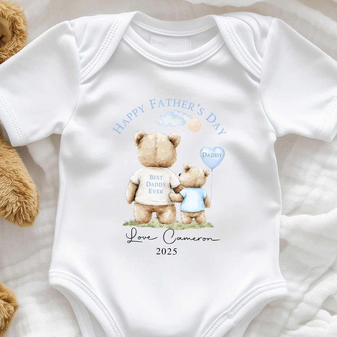 Blue baby onesie with 'Best Daddy Ever' text printed on the front, perfect for Father’s Day keepsakes and photo moments
