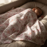 Personalised muslin swaddle wrap with baby name, soft breathable fabric, 120x120cm size for newborns and babies