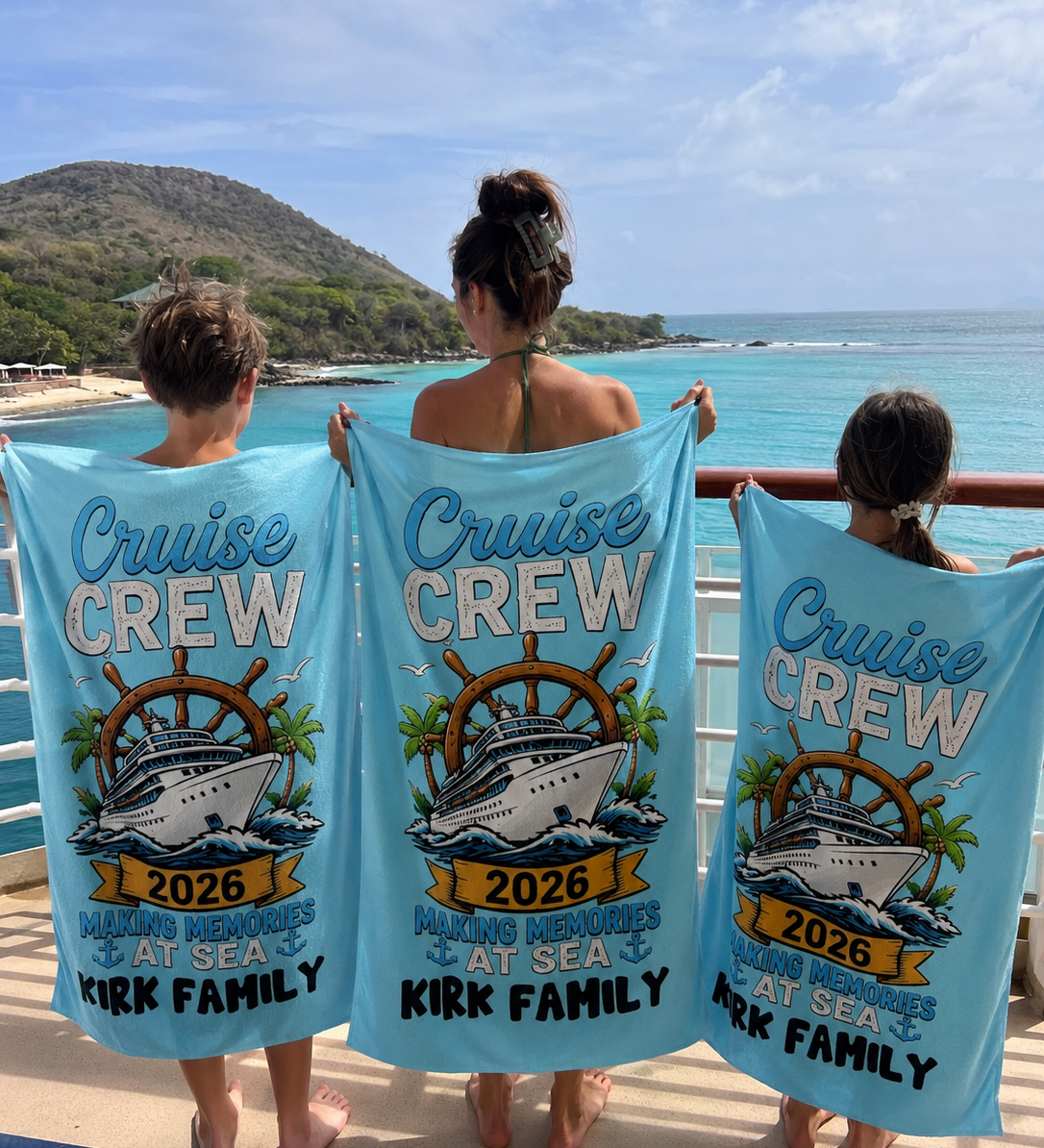 Personalized Making Memories Cruise 2026 beach towel name print detail