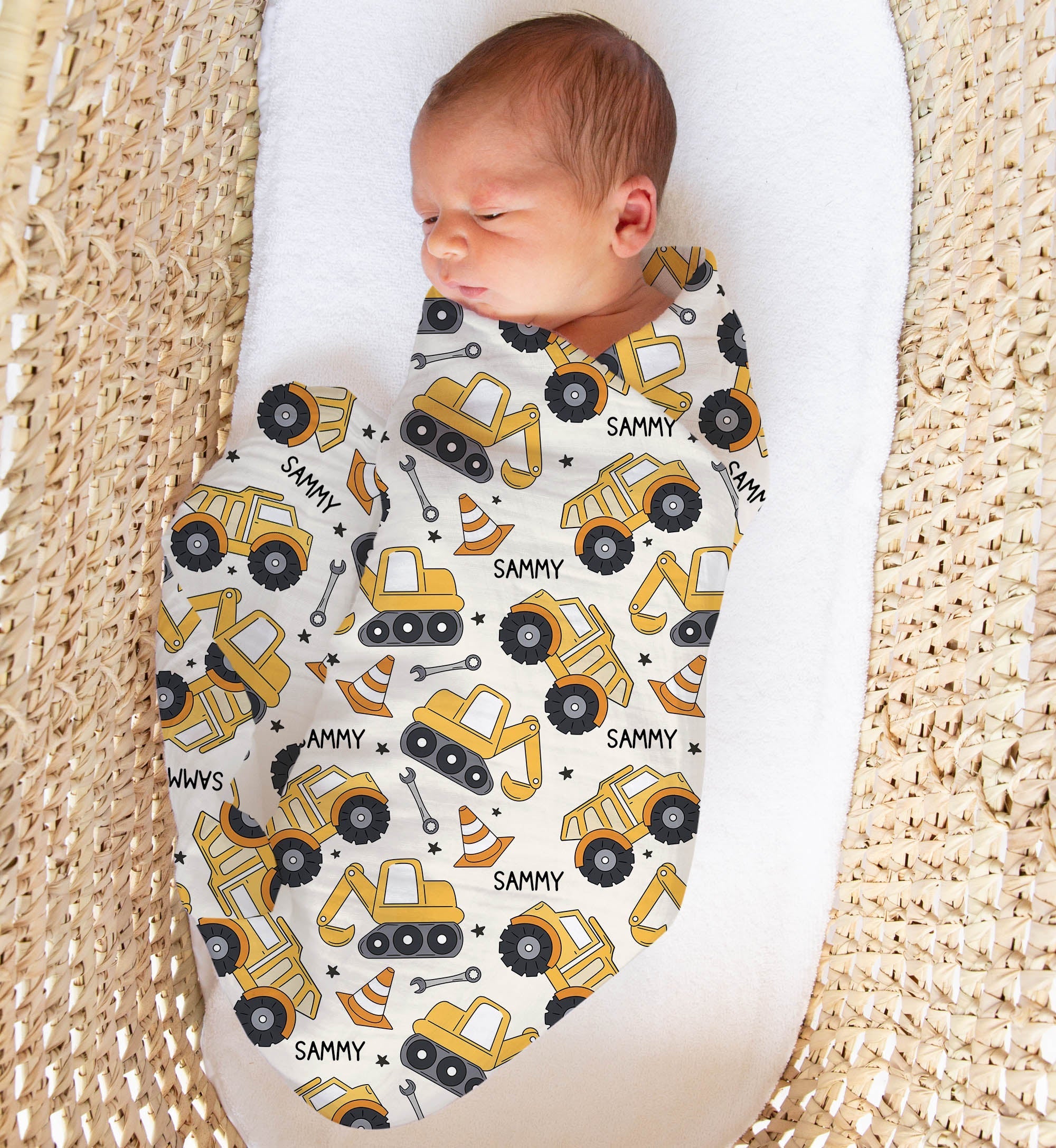 Personalised muslin swaddle wrap with baby's name, soft breathable fabric, 120x120cm size for newborns and babies.