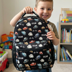 Personalised kids backpack, lunch bag, and pencil case combo with custom name and vibrant design
