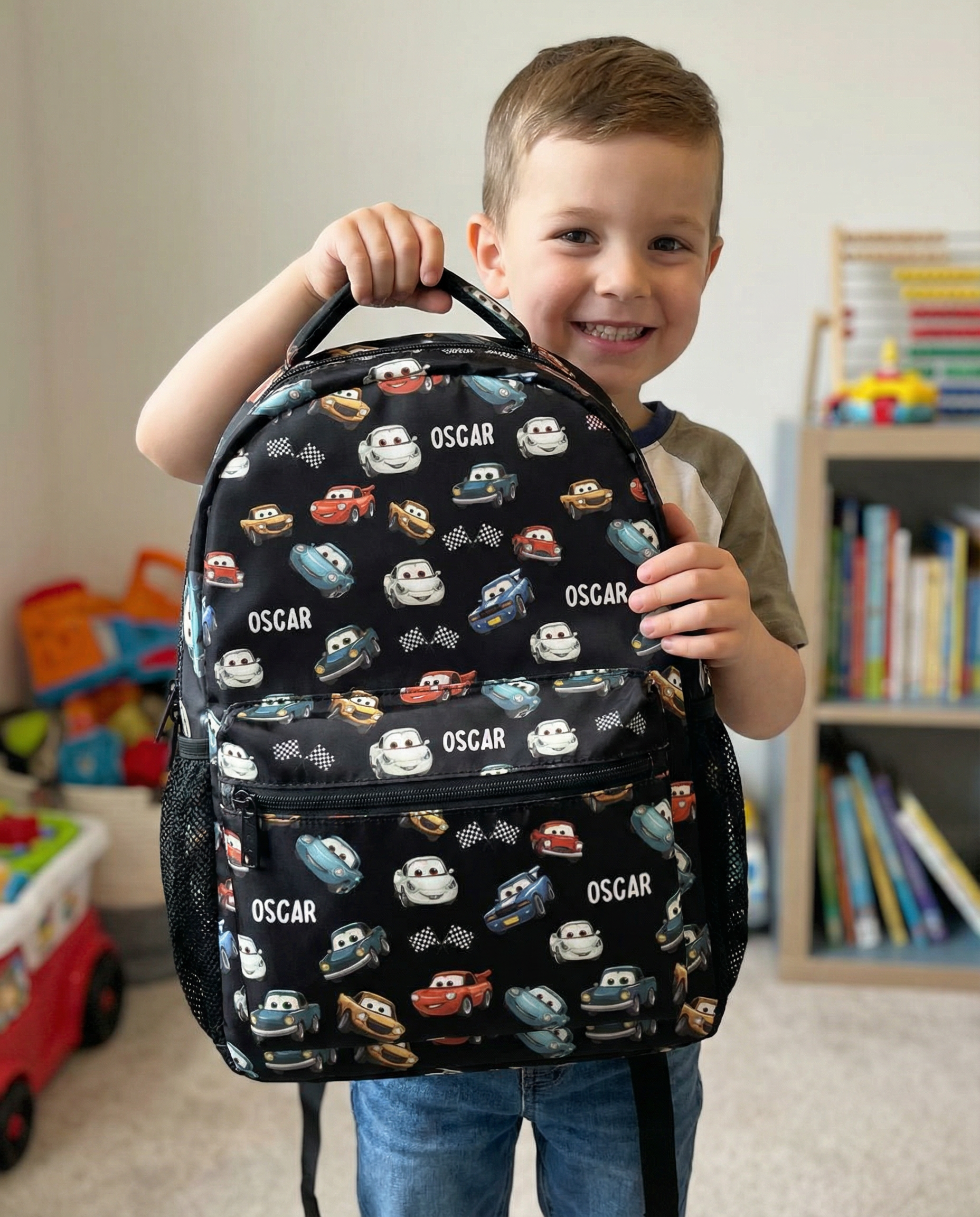 Personalised kids backpack, lunch bag, and pencil case combo with custom name and vibrant design
