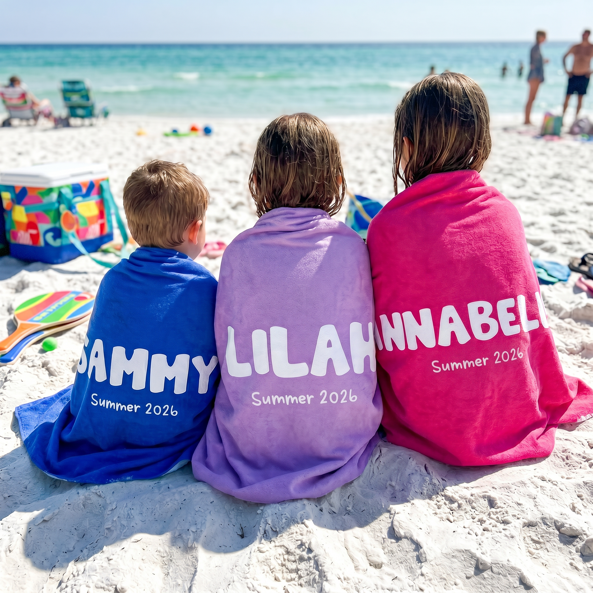 Holiday Memories personalised beach towel with custom names - The Custom Co