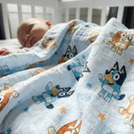 Personalised muslin swaddle wrap with baby name, soft breathable fabric, 120x120cm for newborns and babies