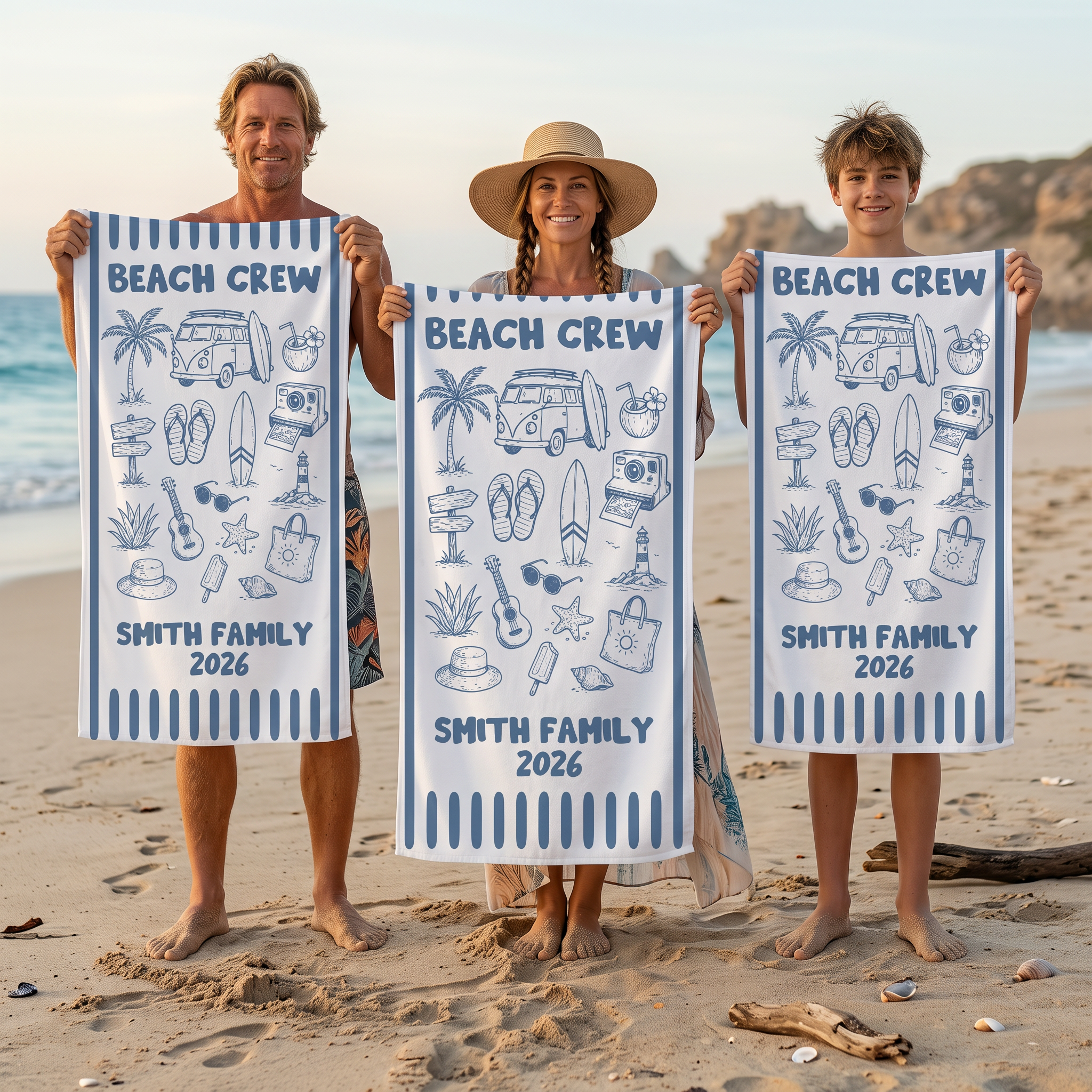 Family Beach Crew beach towel in quick-dry sand-free fabric, made for family beach holidays - The Custom Co
