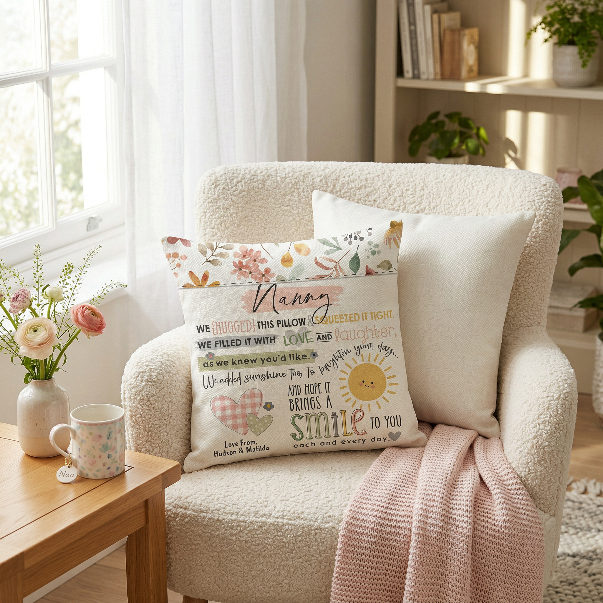 Sunshine Hugs Cushion with Insert — Personalised Mother's Day Gift