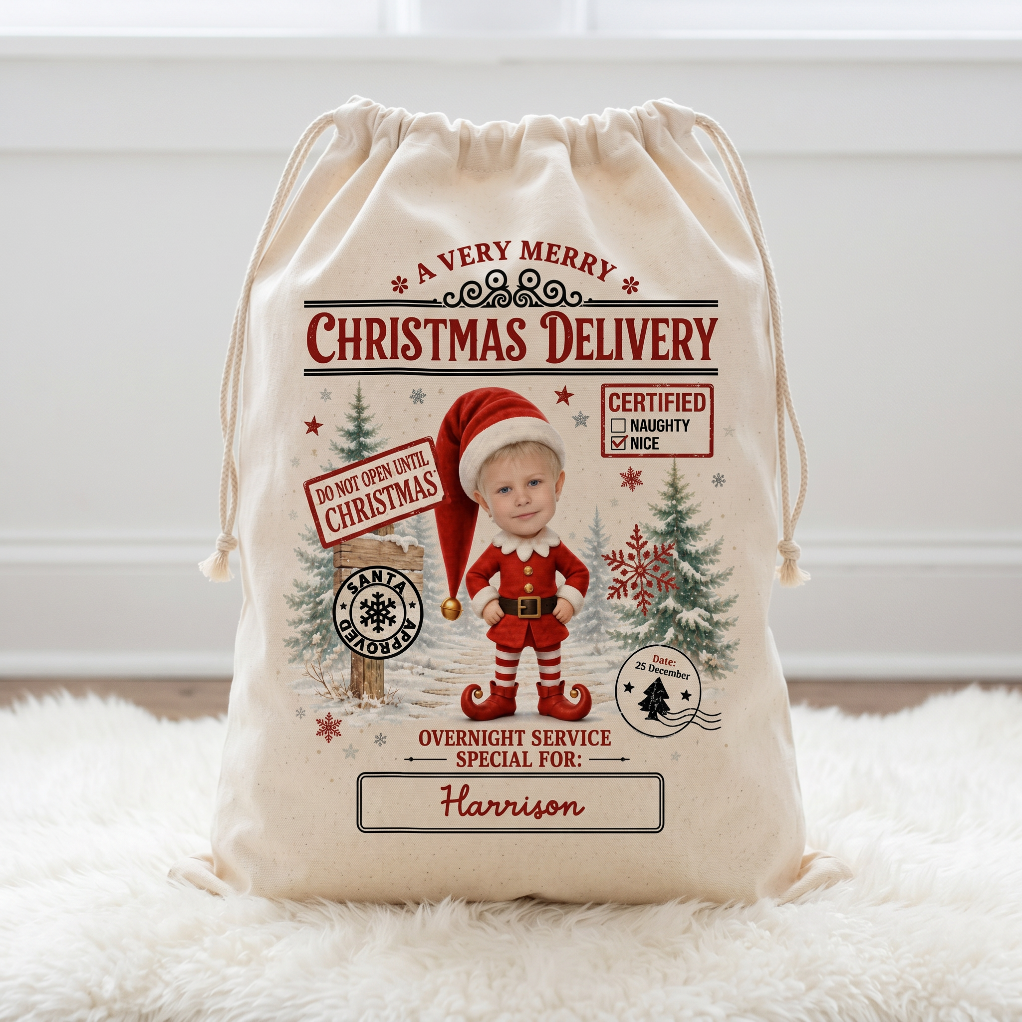 Photo Elf Santa sack personalised with each name, Christmas gift